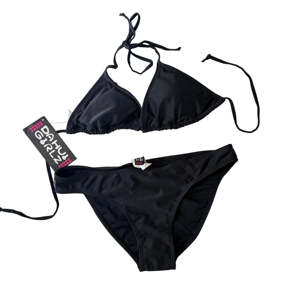 NWT‎ DaHui Black Aloha Hawaii Halter Triangle Bikini Swimsuit Set Medium M
